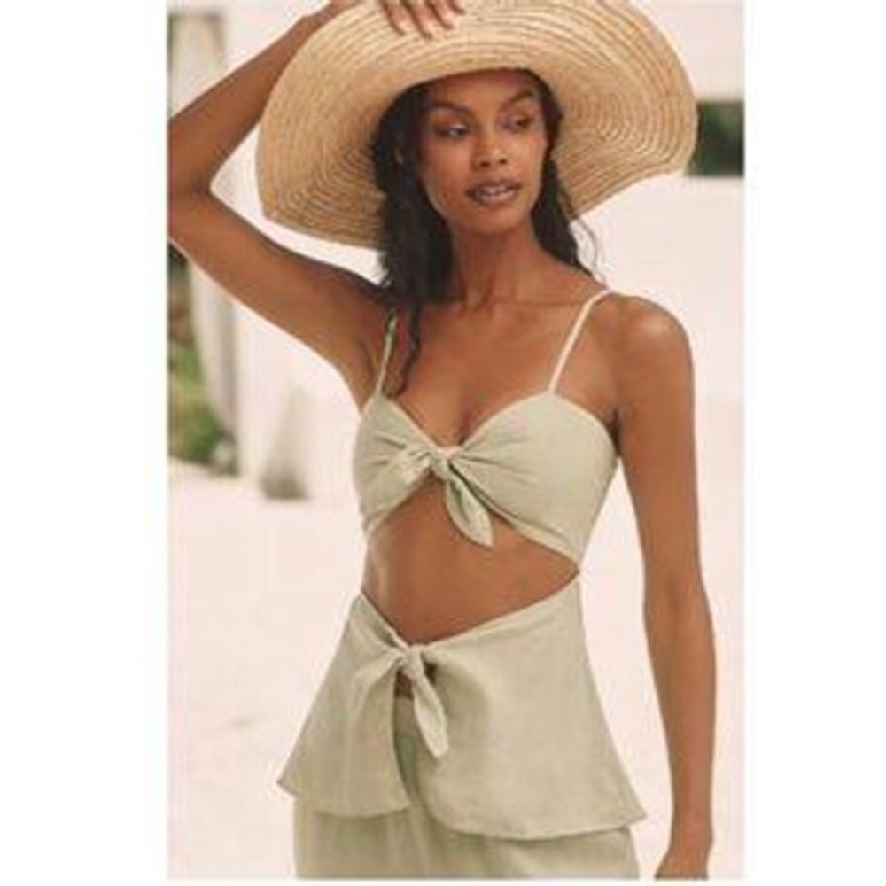 Anthropologie Celandine Women's XS Pistachio Linen Blend‎ Tie Front Cut Out Tank